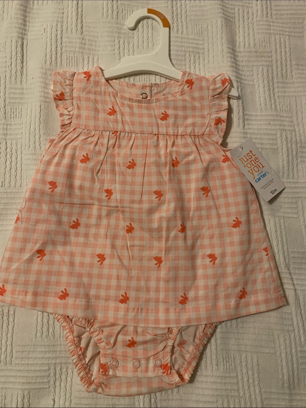 Carter's Pink Gingham Diaper Cover Dress with Orange Bunny Print size 12 months